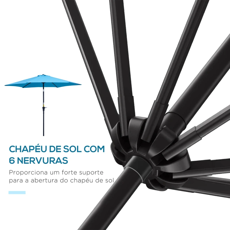 Outsunny Chapéu de Sol de Jardim Ø260x235 cm Chapéu de Sol Reclinável com Manivela Mastro Desmontável em Alumínio e 6 Varetas de Metal  Azul