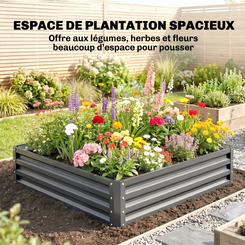 Outsunny Carré potager de jardin potager surélevé, acier galvanisé, résistant à la rouille 120x120x30cm, gris clair