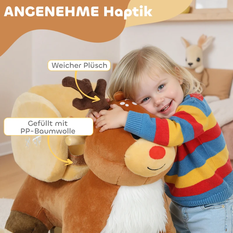 AIYAPLAY Kinder Schaukelpferd Baby Schaukeltier Rentier mit Schlafliedern, für 18-36 Monate Plüsch 65 x 32 x 55 cm Braun