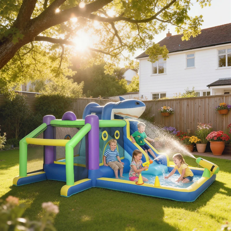 AIYAPLAY 8-in-1 aufblasbar Hüpfburg mit Hai-Design Gebläse Rutsche Planschbecken Trampolin für 3–8 Jahre 405x345x235cm Mehrfarbig