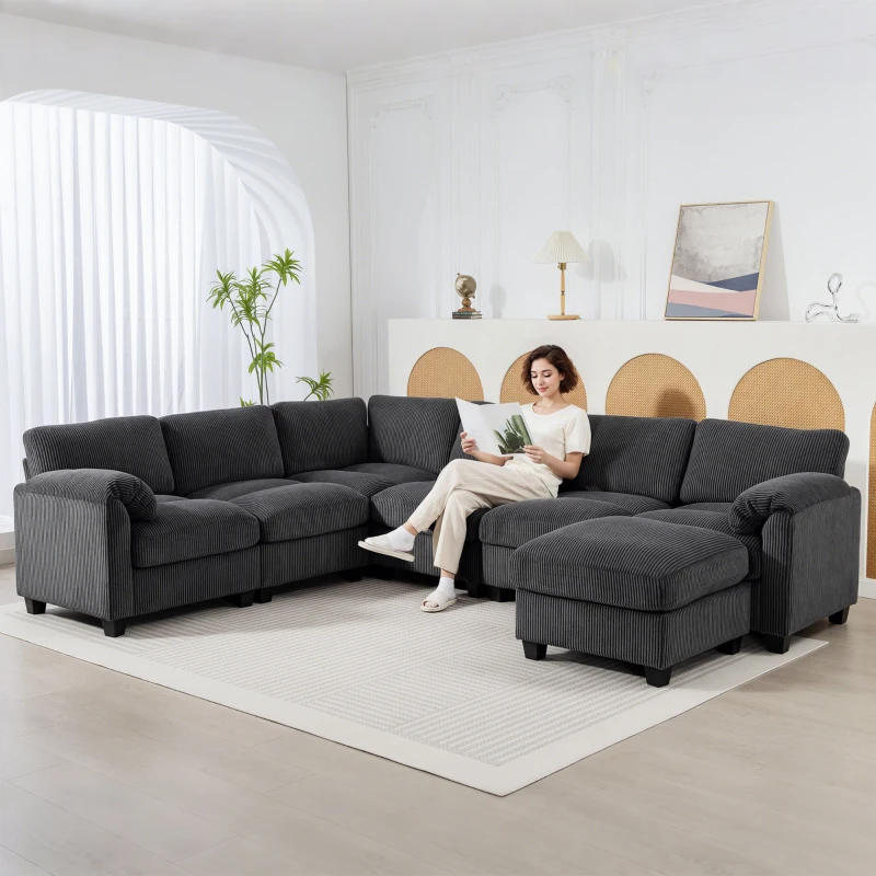 HOMCOM Narożna sofa w kształcie U, sofa z sprężynami kieszeniowymi, wyściełane podłokietniki, ruchomy szezlong, sztruks, 292x224x85 cm, ciemnoszary