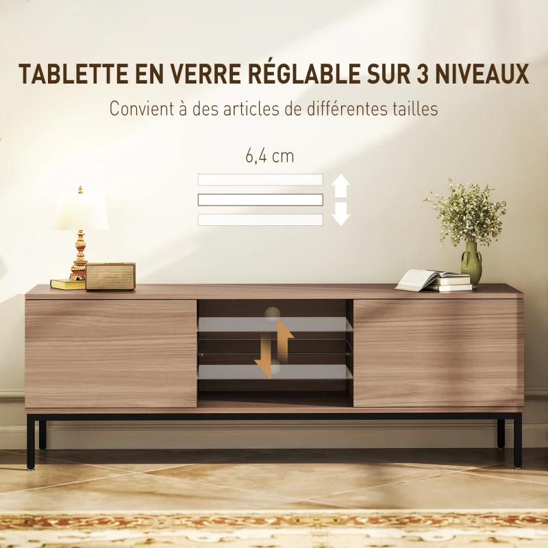 HOMCOM Meuble TV meuble télé pour téléviseur jusqu'à 60 pouces avec 2 portes et étagère en verre réglable 140x40x49,5cm gris