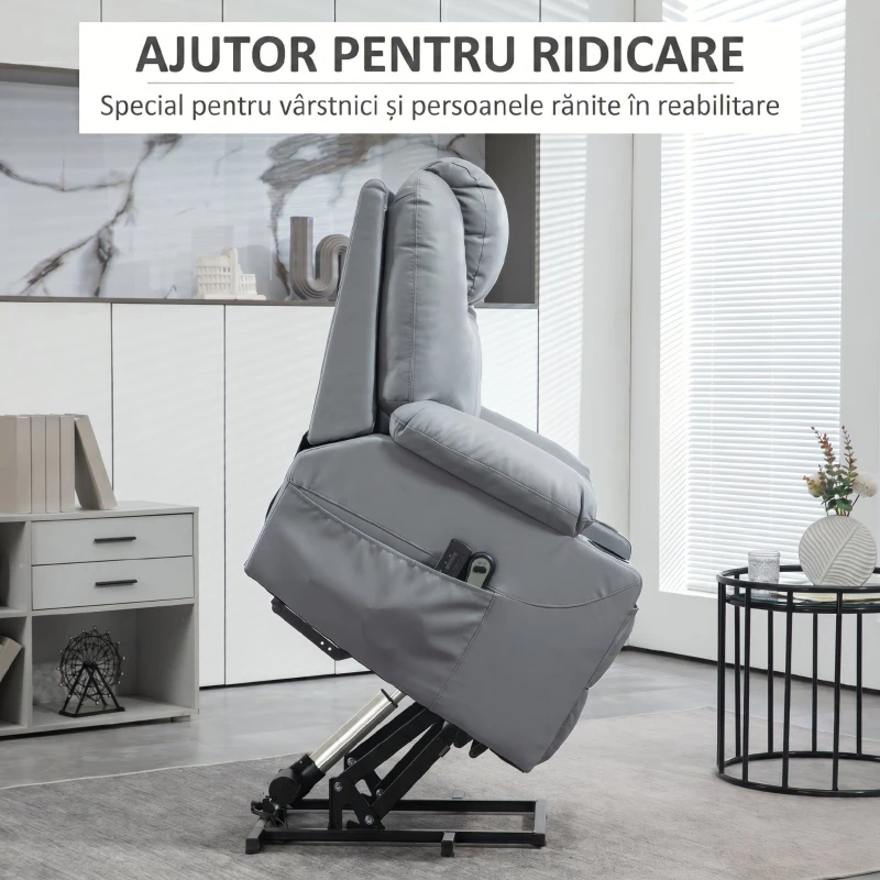 HOMCOM Fotoliu cu Funcție de Ridicare, Reclinabil până la 135°, 8 Puncte de Masaj, Telecomandă și Suport pentru Picioare, 88x99x106 cm, Gri