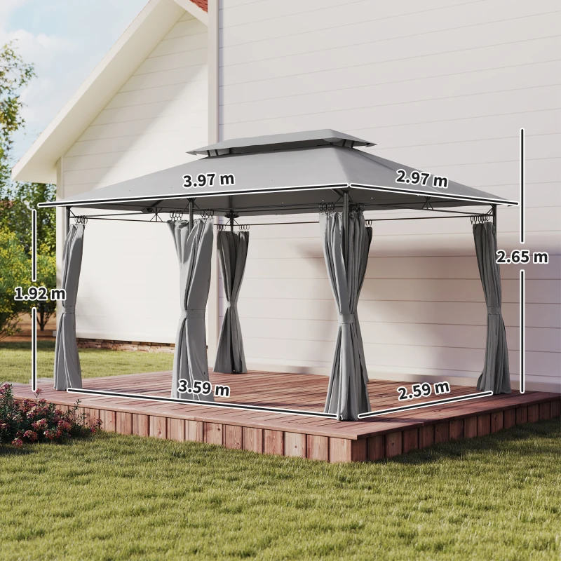 Outsunny Gazebo da Giardino 3x4 m con Tende Rimovibili, Doppio Tetto e Struttura in Metallo, Grigio