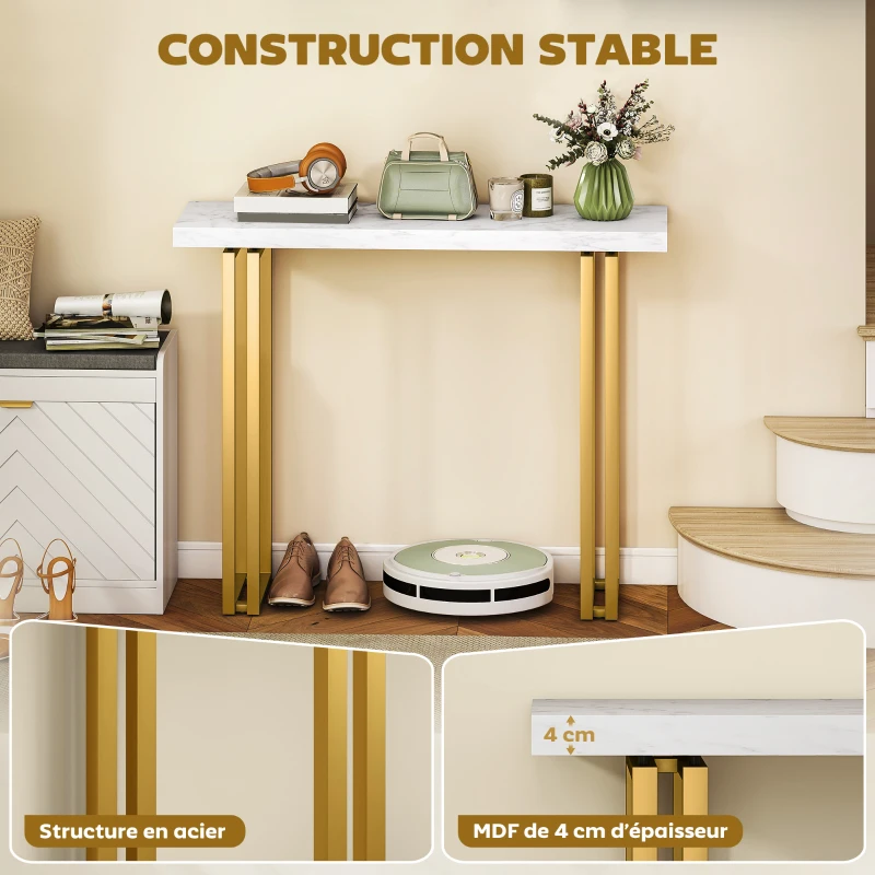 HOMCOM Table console, table d'entrée, avec plateau imitation marbre, structure en acier, 100 x 30 x 78,5 cm, blanc et or