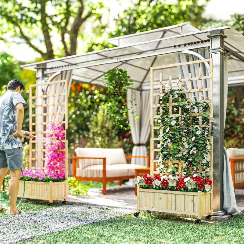 Outsunny Jardinière avec treillis, bac à fleurs avec roues, pour plantes grimpantes, bois massif, 82,5x35x186cm, bois naturel