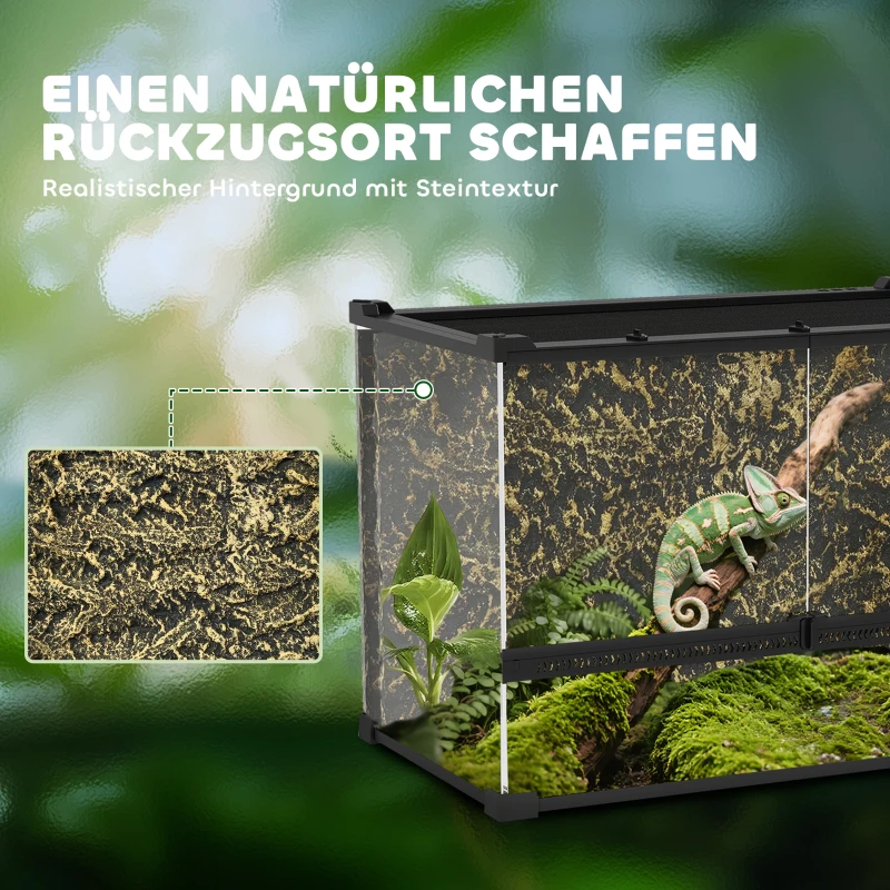 PawHut Terrarium für Reptilien Glasterrarium 48L mit Frontbelüftung Steinrückwand Drehverschluss 50 x 30 x 35 cm Schwarz