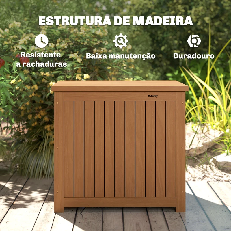 Outsunny Baú de Exterior em Madeira 130L Arca de Armazenamento com Forro Tampa Articulada e Correia 63x51x58,5 cm Castanho