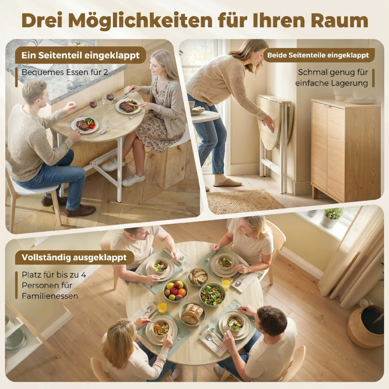 HOMCOM Klappbarer Esstisch, 80 cm Runder Klapptisch mit Stahlrahmen, Platz für 2-4 Personen, Naturholz-Optik