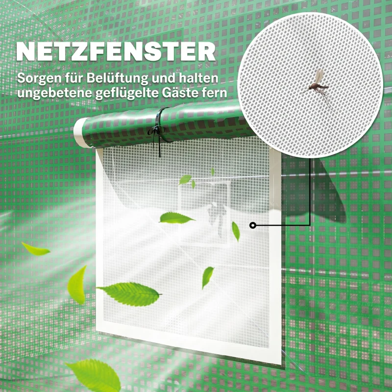 Outsunny Rundbogen-Gewächshaus, 6 Netzfenster, transparente Folie, Metallrahmen, 3,95 x 1,95 x 1,90m, Grün