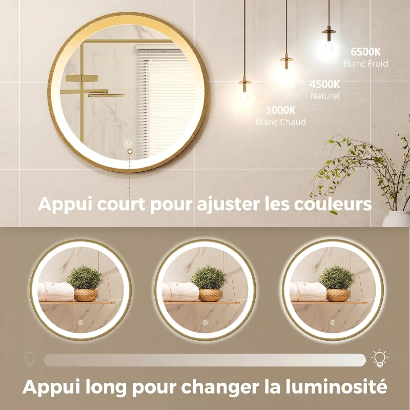 HOMCOM Miroir salle de bain avec éclairage LED rond 40 cm, miroir lumineux mural à 3 températures de couleur, dimmable, doré