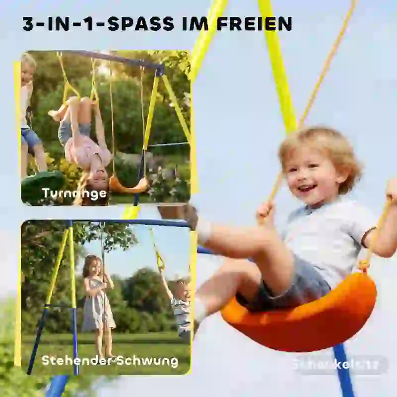 AIYAPLAY Schaukelgestell bis 150 kg 3-in-1 Kinderschaukel mit klassischer Schaukel, Turnringe, Stehschaukel, 285x160x181 cm
