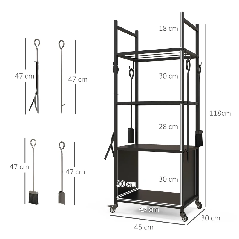 Outsunny Chariot range bûches intérieur, porte-bûches roulettes, 4 outils de cheminée, 4 étagères, métal, 45 x 30 x 118 cm, noir