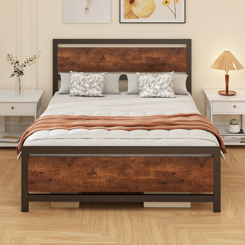 HOMCOM Cadre de lit double en acier avec sommier et tête de lit compatible matelas 190 x 140 cm brun rustique