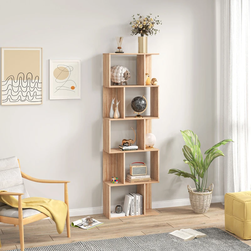 HOMCOM Bibliothèque à 5 niveaux, meuble de rangement en forme de S avec étagères, 60 x 24 x 184,5 cm, effet bois naturel