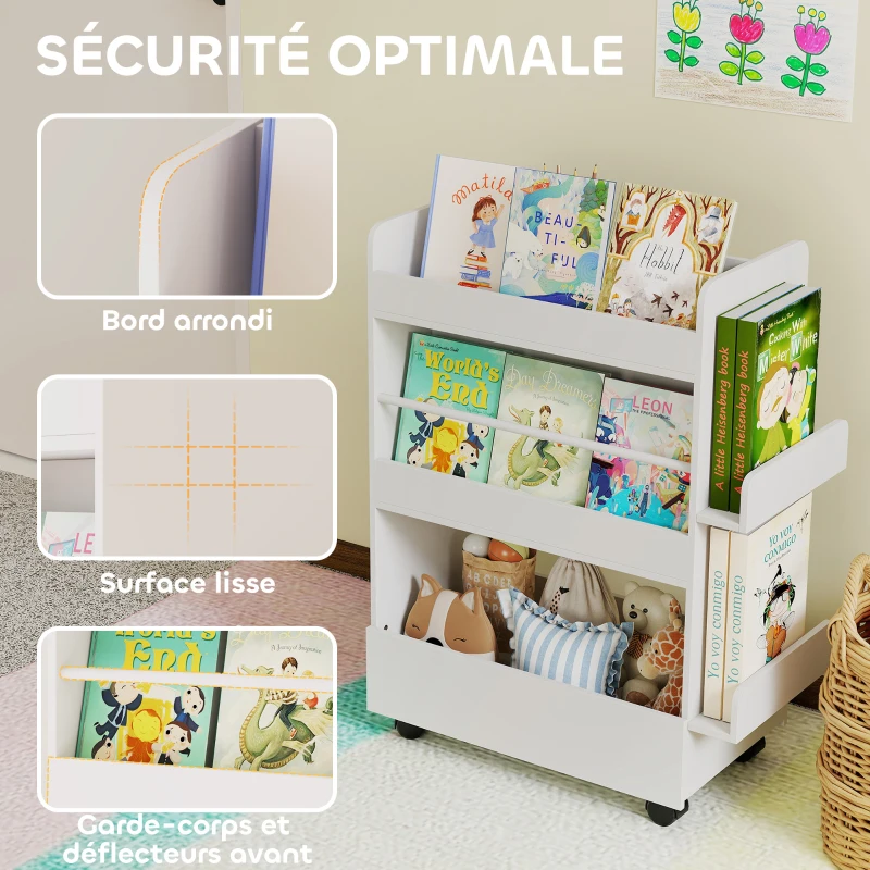 AIYAPLAY Bibliothèque pour enfant avec roulettes, rangement livre enfant de 3 à 8 ans avec tableau noir, 66,5x32,5x86,5cm, blanc
