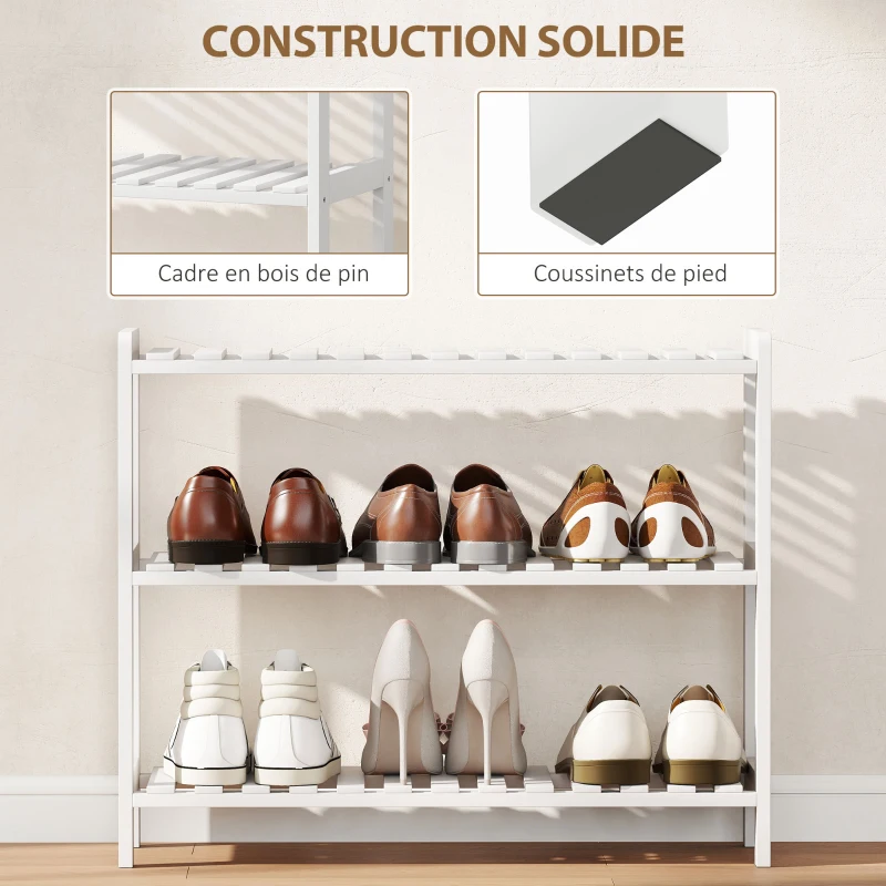 HOMCOM Étagère à chaussures, porte-chaussures 3 niveaux, étagères à lattes, en bois de pin， 70 x 26 x 57,5 cm, blanc
