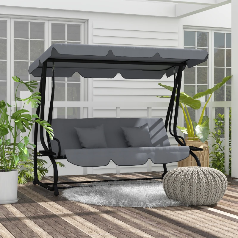 Outsunny Balancelle de jardin 3 places convertible toit inclinaison réglable 2 tablettes 2 x 1,2 x 1,64 m acier gris foncé