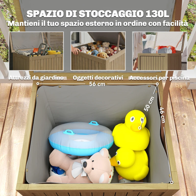 Outsunny Cassapanca da Esterno 130L con Coperchio Cerniere e Cinghia, in Legno, 63x51x58.5 cm, Marrone