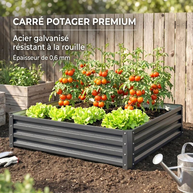 Outsunny Carré potager de jardin potager surélevé, acier galvanisé, résistant à la rouille 120x120x30cm, gris clair