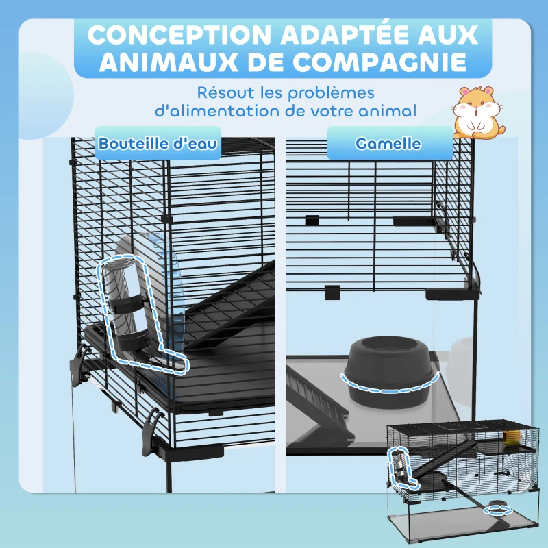 PawHut Cage hamster cage rongeur 3 niveaux avec roue rampes maisonnette abreuvoir mangeoire 76,5L x 48,5l x 54,5H cm noir