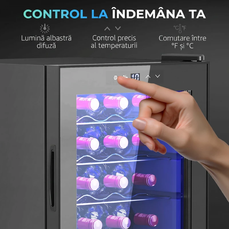 HOMCOM Cantină Frigorifică pentru 20 de Sticle, Capacitate 53L, Ușă Anti-UV și Rafturi Reglabile, Negru