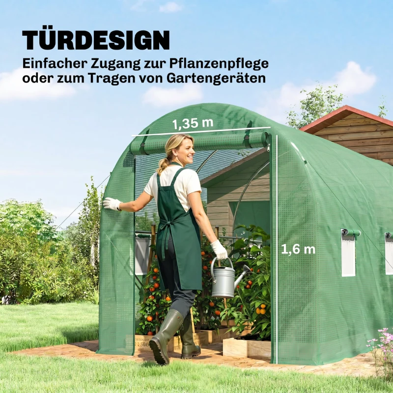 Outsunny Rundbogen-Gewächshaus, 6 Netzfenster, transparente Folie, Metallrahmen, 3,95 x 1,95 x 1,90m, Grün