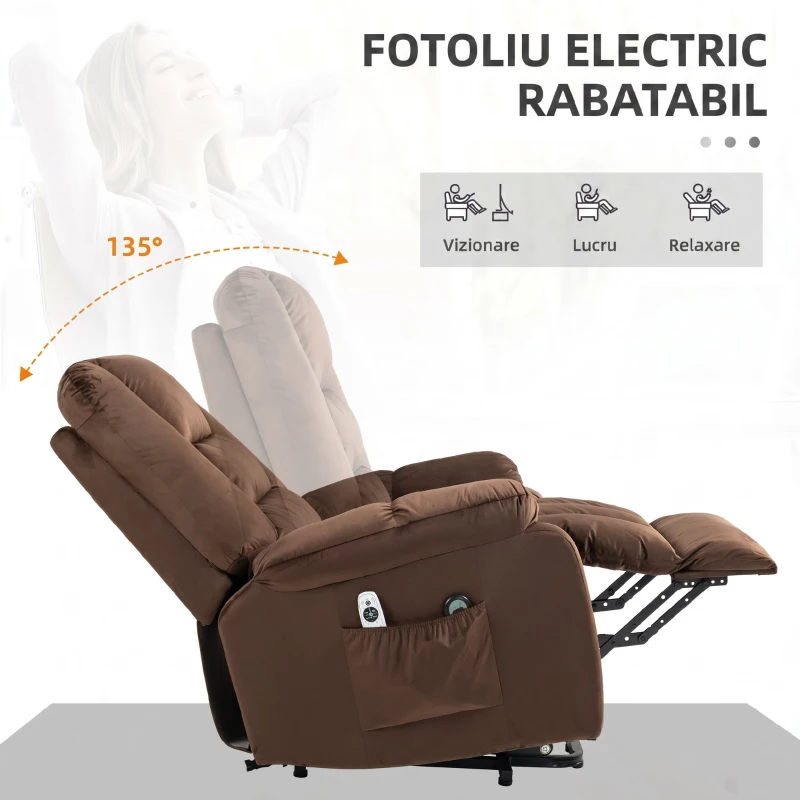 HOMCOM Fotoliu Relax cu Funcție de Ridicare, Reclinabil, cu Masaj și Încălzire din Catifea, Maro