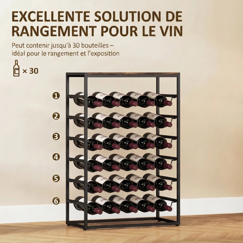 HOMCOM Casier à bouteilles pour 30 bouteilles, étagère à vin avec 6 niveaux, style industriel, 59x30x88,5cm, brun rustique