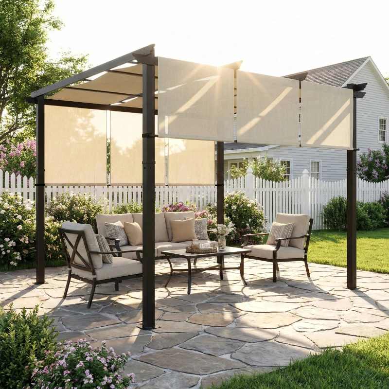 Outsunny Pergola avec 3 toiles coulissantes 3 x 3 x 2,38 m structure acier noir toile polyester haute densité beige