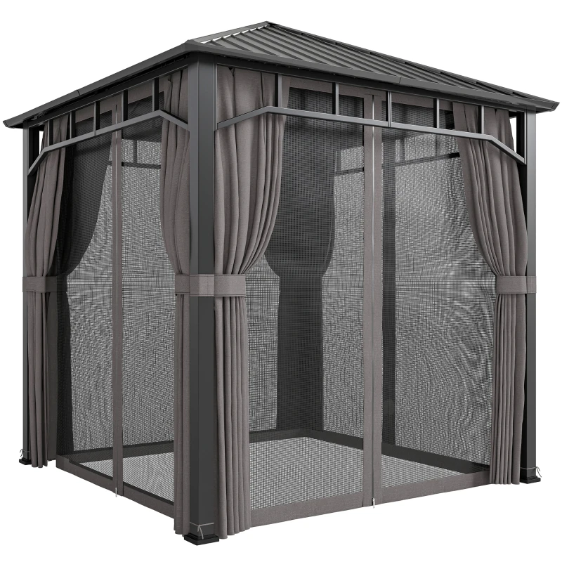 Outsunny 2.5 x 2.5 m Hardtop Gazebo with Galvanised Steel Roof, Waterproof Permanent Pavilion Garden Gazebo with Netting and Curtains for Patio, Deck, Dark Grey