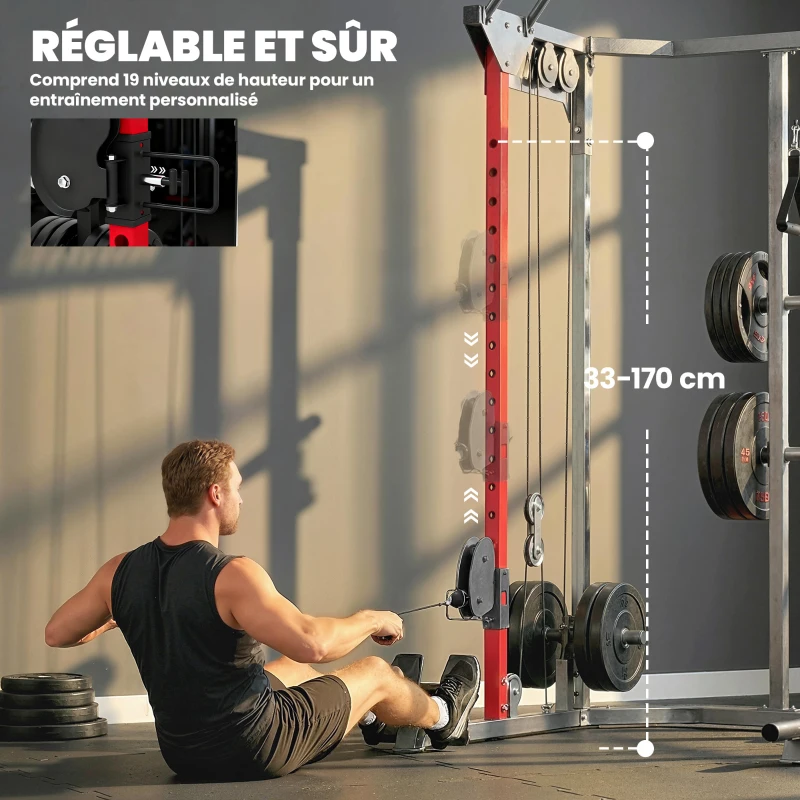 SPORTNOW Station de Musculation Power Rack 900kg Double Poulie Réglable 19 Niveaux Home Gym Complet pour Entraînement Force Noir