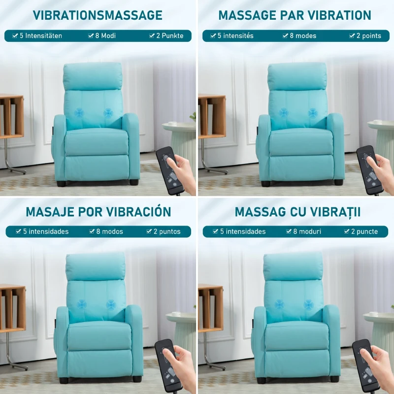 HOMCOM Fotoliu Relax de Masaj cu Telecomandă și 8 Programe, Rabatabil și cu Suport pentru Picioare, Albastru(m-4)