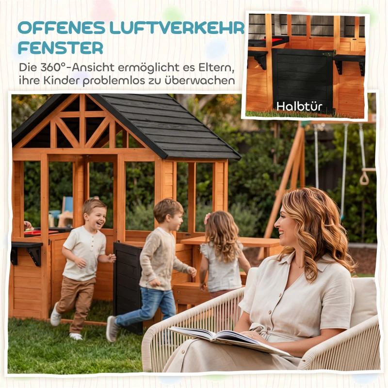 AIYAPLAY Spielhaus Outdoor Holz Kinderspielhaus mit Tisch Bank Spülstation Fenster Tür Blumenkastenhalter für 3-8 Jahre Hellbraun