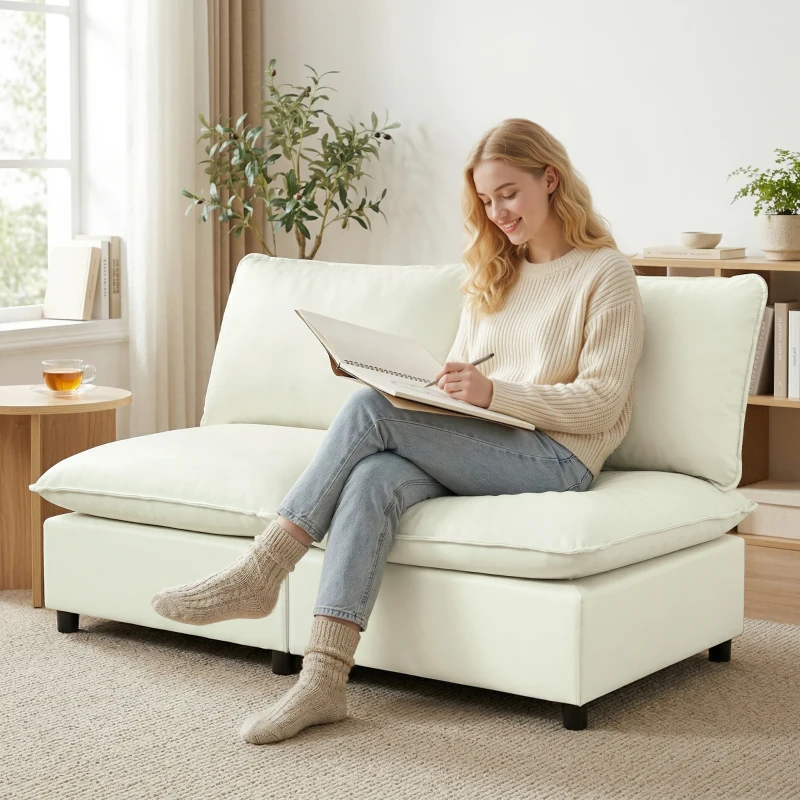 HOMCOM Canapé 2 places modulable, canapé de salon moderne 146 cm sans accoudoirs avec assise large, coussins épais, crème