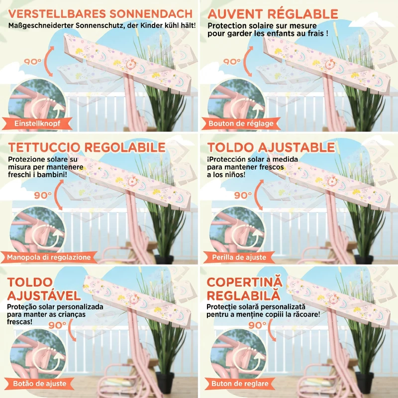 AIYAPLAY Leagăn de exterior pentru copii cu 2 locuri, acoperiș reglabil și centuri de siguranță, 112x75x120 cm, roz