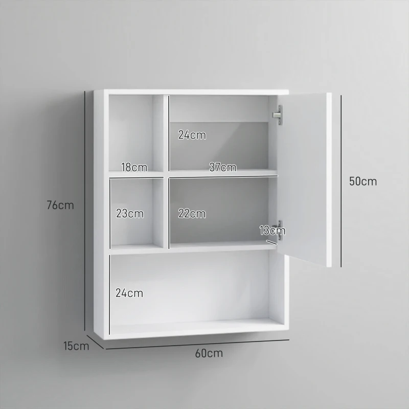 kleankin Armoire murale salle de bain avec miroir, meuble salle de bain, 5 compartiments et étagère réglable, 60x15x76cm, blanc