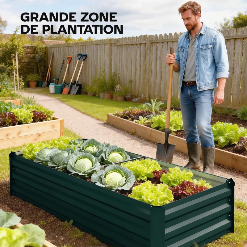 Outsunny Jardinière rectangulaire potager de jardin en acier galvanisé bordure de sécurité et fond ouvert 150x70x30cm vert