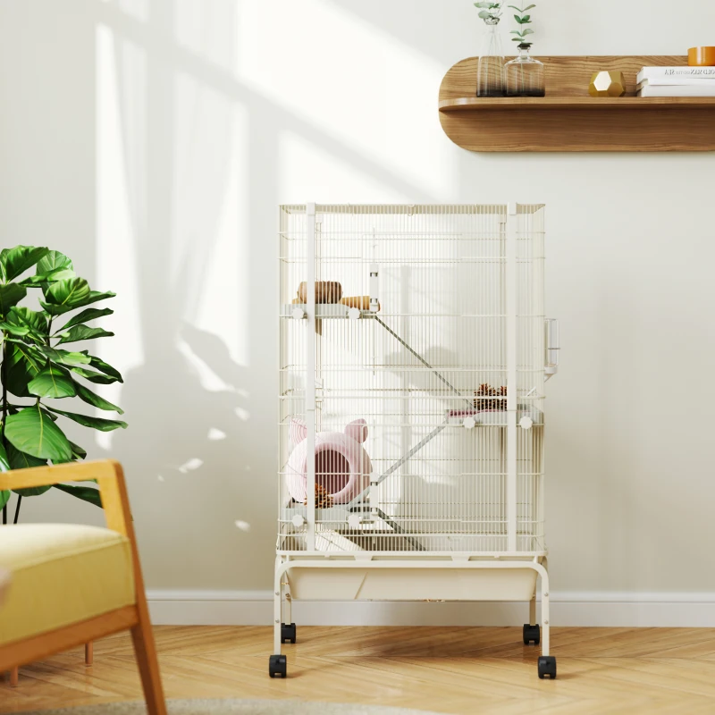 PawHut Cage pour lapin enclos à 4 niveaux avec 2 portes 3 rampes plateau profond roulettes 69 x 44 x 120 cm beige