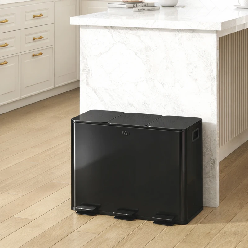 HOMCOM Poubelle de cuisine 45L avec 3 compartiments de 15L, couvercle, seaux intérieurs amovibles, 3 x 15L, noir