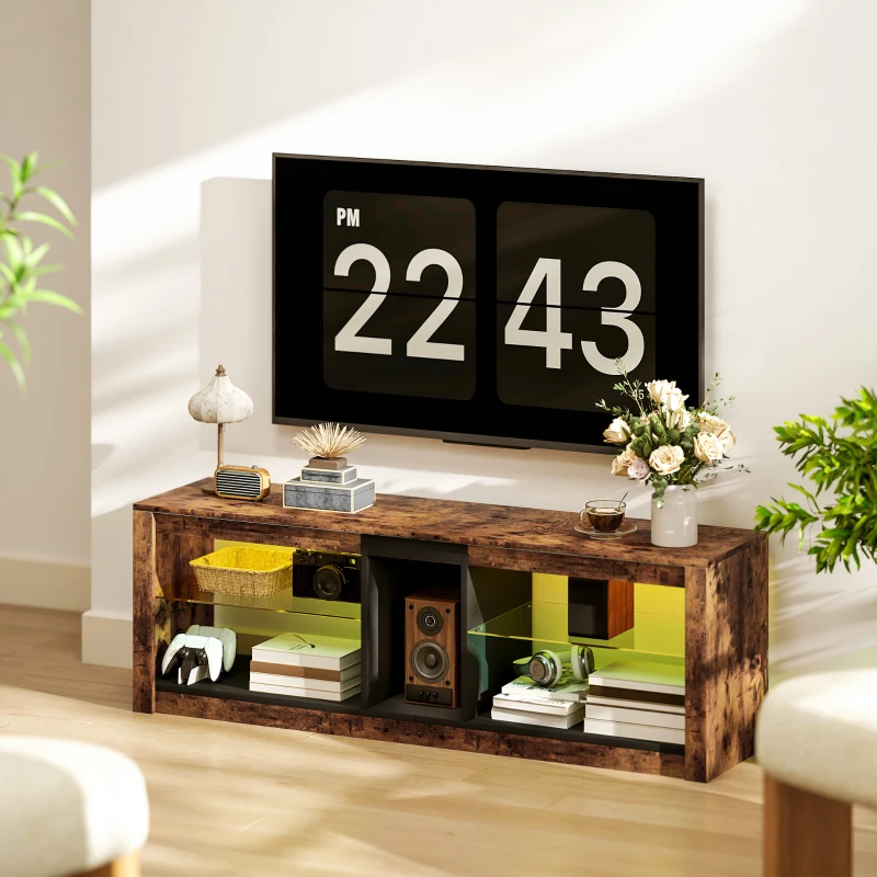 HOMCOM Meuble TV avec lumières LED et télécommande, étagères et compartiments ouvert, 140x35x47cm, marron
