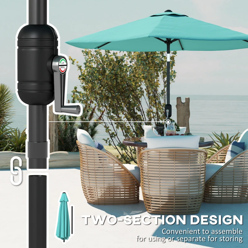 Outsunny 2.6 m Garden Parasol Umbrella with Aluminium Pole, Outdoor Patio Umbrella with Tilt and Crank, Vent, Turquoise
