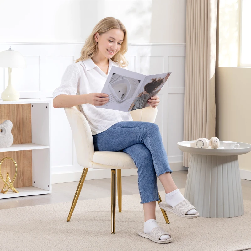 HOMCOM Fauteuil coquillage chaise coiffeuse fauteuil en velours fauteuil de salon avec pieds en métal doré beige