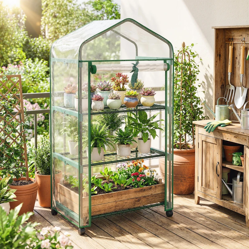 Outsunny Mini serre de jardin avec 3 étagères, bâche PVC haute densité, porte enroulable 4 roulettes 69 x 49 x 130 cm transparent