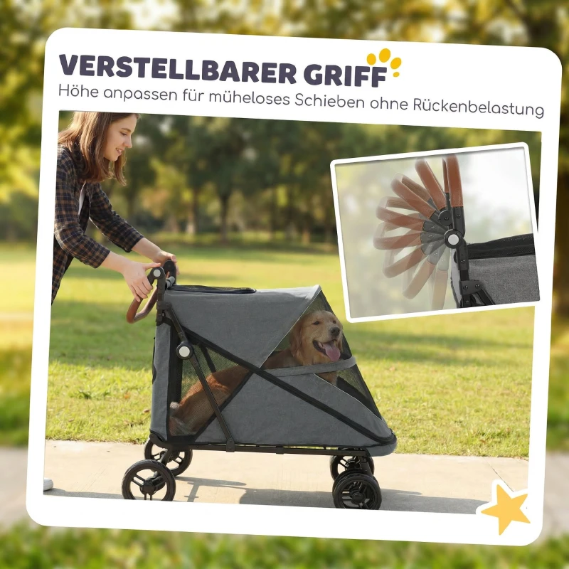 PawHut Hundewagen Faltbar Hundebuggy für große Hunde bis 30 kg mit 360°Drehrädern Netzfenster Kissen Verstellbarer Griff Grau