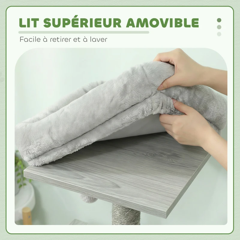 PawHut Arbre à chat griffoirs grattoirs multi-équipements niche hamac peluche courte sisal naturel 48x40x126cm gris