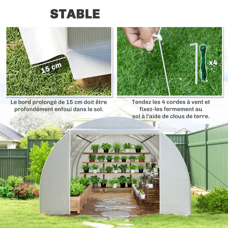 Outsunny Serre de Jardin Tunnel Surface Sol 18 m² 6L x 3l x 2H m châssis Tubulaire renforcé 24 mm 8 fenêtres Blanc