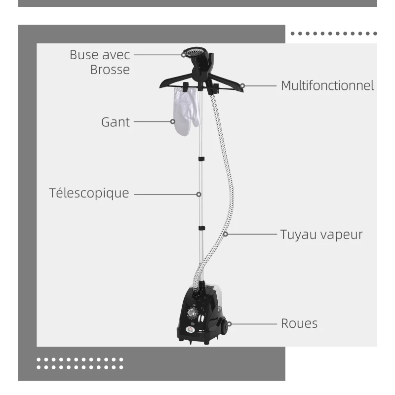 HOMCOM Défroisseur vapeur vertical défroisseur à vêtements 1,4 L 1950 W débit vapeur 30g/min tige telescopique noir