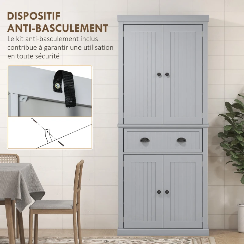 HOMCOM Armoire de cuisine buffet cuisine multi-rangements étagères réglables 4 portes grand tiroir 76,2 x 40,2 x 183 cm gris