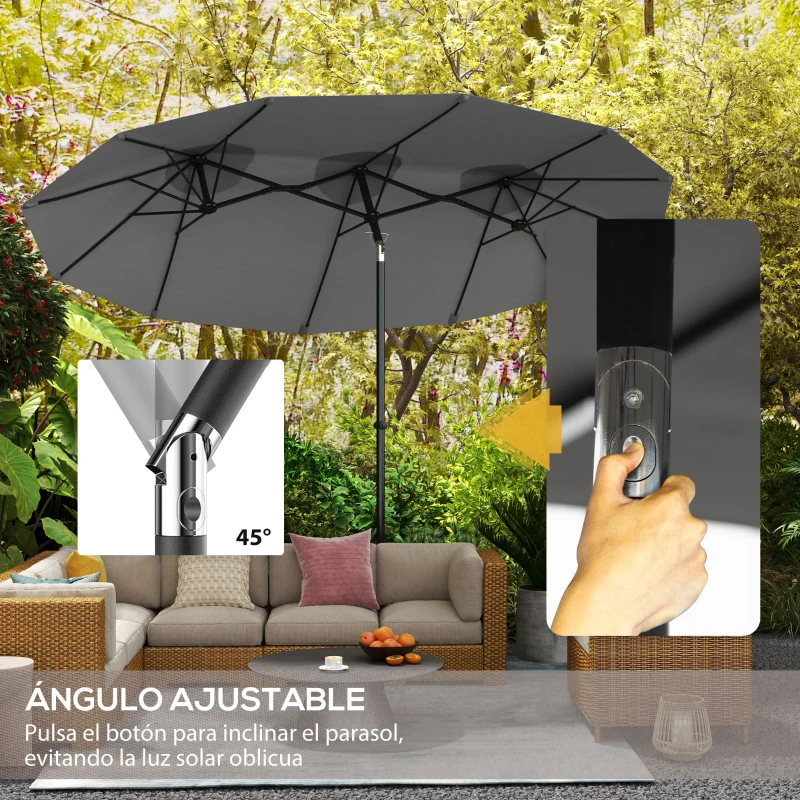 Outsunny Sombrilla Doble de Jardín 295x152x222 cm con Inclinación de 45° y Manivela para Terraza Balcón Piscina Color Gris